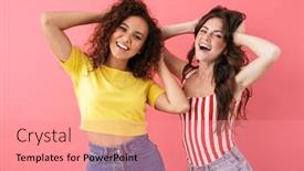  Presentation with heads - Presentation design with image of amazing multinational girls smiling together and grabbing their heads isolated over pink background background and a coral colored foreground