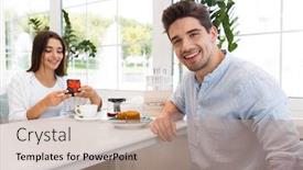 Presentation with eat - Amazing presentation theme having image of amazing young loving couple sitting in cafe eat desserts and drinking tea man looking at camera while his girlfriend looking at her present backdrop and a coral colored foreground