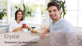  Presentation with eat - Presentation theme with image of amazing young loving couple sitting in cafe eat desserts and drinking tea man looking at camera while his girlfriend looking at her present background and a coral colored foreground