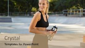  Presentation with water sports - Slides with image of amazing young sports woman outdoors holding bottle with water background and a coral colored foreground