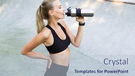  Presentation with water sports - Theme with image of amazing young sports woman outdoors drinking water background and a lemonade colored foreground