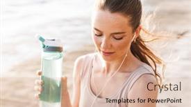  Presentation with water sports - Theme with image of amazing young sports woman outdoors on beach drinking water listening music with earphones background and a lemonade colored foreground