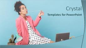  Presentation with chewing gum - Audience pleasing PPT layouts consisting of image-of-amusing-young-woman backdrop and a light blue colored foreground