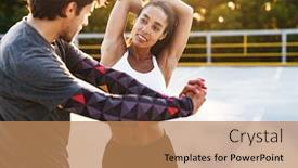  Presentation with strong - PPT theme featuring image of an amazing young strong sports couple man and woman make stretching exercises outdoors background and a coral colored foreground