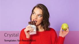  Presentation with purple wall - PPT theme consisting of image of an beautiful young woman posing isolated over purple background wall holding chocolate and apple background and a crimson colored foreground