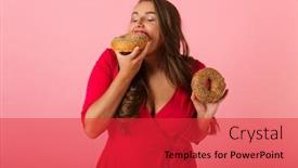  Presentation with donuts pink - Theme with image of an excited young woman isolated over pink wall background eat donuts background and a red colored foreground