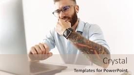  Presentation with computer music - Presentation design consisting of image-of-an-optimistic-young background and a coral colored foreground