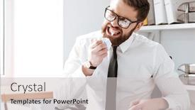  Presentation with tears - PPT layouts having image of angry businessman wearing glasses dressed in white shirt sitting in office and tears paper with teeth background and a light gray colored foreground