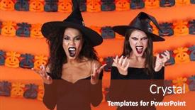  Presentation with black magic - Slide set consisting of image of angry witch women in black halloween costume screaming and doing magic isolated over orange pumpkin wall background and a tawny brown colored foreground