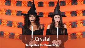  Presentation with black women - Audience pleasing PPT theme consisting of image of angry witch women in black halloween costume holding candles isolated over orange pumpkin wall backdrop and a tawny brown colored foreground
