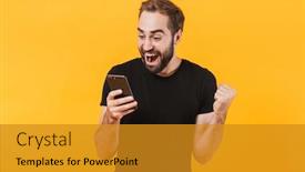  Presentation with basic - Amazing PPT theme having image-of-astonished-man-wearing backdrop and a gold colored foreground