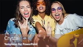  Presentation with girls night - Audience pleasing theme consisting of image of astonished multinational girls in streetwear smiling and holding skateboards at night walk outdoors backdrop and a tawny brown colored foreground