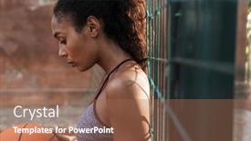  Presentation with playground - Slide set having image of athletic african american woman in sportswear playing basketball at playground outdoors background and a coral colored foreground