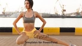  Presentation with sea port - Slides enhanced with image of athletic asian woman in sportive clothes stretching her body while doing workout against sea port background and a coral colored foreground