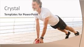  Presentation with exercise medicine - Presentation design featuring image of athletic old man in sportswear using earpod while doing exercise with medicine ball near seaside in morning background and a white colored foreground