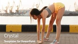  Presentation with sea port - Cool new PPT theme with image of attractive asian woman in sportive clothes stretching her body while doing workout against sea port backdrop and a coral colored foreground