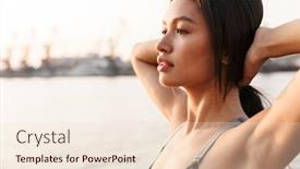  Presentation with sea port - Beautiful slides featuring image of attractive asian woman in sportive clothes holding arms behind her head against sea port backdrop and a lemonade colored foreground