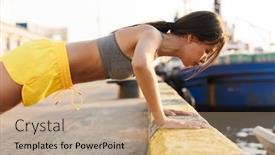 Presentation with sea port - Slide deck enhanced with image of attractive asian woman in sportive clothes stretching her body while doing workout at sea port background and a coral colored foreground