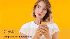  Presentation with basic - Slide set consisting of image of attractive blond woman in basic t-shirt looking upward and holding cellphone isolated over yellow background background and a yellow colored foreground
