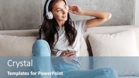  Presentation with headphones - PPT layouts enhanced with image-of-attractive-brunette-young background and a teal colored foreground