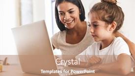  Presentation with daughter - Audience pleasing slide deck consisting of image of attractive family woman and her little daughter smiling and using laptop computer together while sitting at table in apartment backdrop and a coral colored foreground