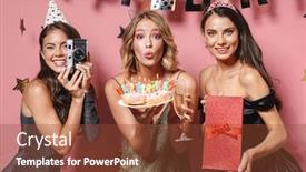  Presentation with pink birthday - Audience pleasing presentation theme consisting of image of attractive party girls with retro camera holding birthday cake and gift box isolated over pink background backdrop and a tawny brown colored foreground