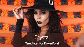  Presentation with black girl - Audience pleasing slide deck consisting of image of attractive witch girl in black halloween costume taking selfie photo isolated over orange pumpkin wall backdrop and a tawny brown colored foreground