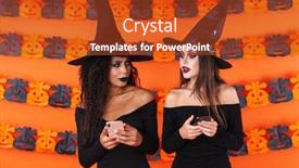  Presentation with black women - Beautiful PPT layouts featuring image of attractive witch women in black halloween costume peeking at cellphones isolated over orange pumpkin wall backdrop and a crimson colored foreground