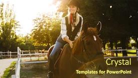  Presentation with horse riding - Slide set having image of attractive young blonde woman wearing hat riding horse at yard in countryside background and a tawny brown colored foreground