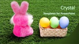  Presentation with pink green - Colorful PPT layouts enhanced with image of back of pink toy rabbit on green grass with basket with colorful eggs near backdrop and a tawny brown colored foreground