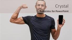  Presentation with smartphone - PPT theme with image-of-bearded-muscular-sportsman background and a coral colored foreground
