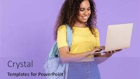  Presentation with african violet - Slide set featuring image of beautiful african american student girl with curly hair holding laptop computer isolated over violet background background and a light blue colored foreground