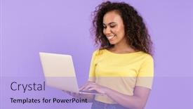  Presentation with african violet - Beautiful slide set featuring image of beautiful african american woman with curly hair holding laptop computer isolated over violet background backdrop and a light blue colored foreground