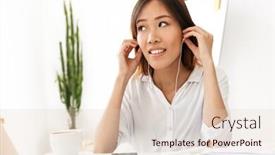  Presentation with asian music - Presentation design enhanced with image of beautiful asian businesswoman listening to music with earphones and drinking coffee while working in office background and a lemonade colored foreground