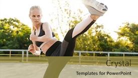  Presentation with kickboxing - Audience pleasing slide set consisting of image of beautiful athletic woman wearing tracksuit and earpods kickboxing while doing workout outdoors backdrop and a gold colored foreground