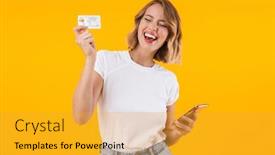  Presentation with basic - Colorful slide deck enhanced with image of beautiful blond woman in basic t-shirt holding smartphone and credit card isolated over yellow background backdrop and a gold colored foreground