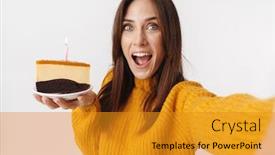 Presentation with birthday cake - PPT theme having image-of-beautiful-brunette-adult background and a gold colored foreground