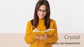  Presentation with diary - PPT layouts enhanced with image-of-beautiful-brunette-adult background and a gold colored foreground