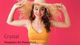  Presentation with straw - Presentation design having image of beautiful brunette woman 20s wearing big straw hat smiling at camera isolated over pink background background and a red colored foreground