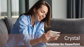  Presentation with video game - Slides having image-of-beautiful-cheerful-woman background and a violet colored foreground