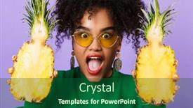  Presentation with african violet - Cool new PPT theme with image of beautiful emotional excited young pretty african woman isolated over violet background holding pineapple backdrop and a forest green colored foreground