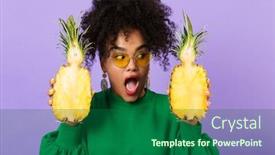  Presentation with african violet - Presentation theme with image of beautiful emotional excited young pretty african woman isolated over violet background holding pineapple background and a ocean colored foreground