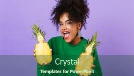  Presentation with african violet - Colorful presentation enhanced with image of beautiful emotional excited young pretty african woman isolated over violet background holding pineapple backdrop and a forest green colored foreground