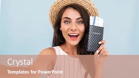  Presentation with passport - Cool new presentation theme with image of beautiful excited young woman isolated over blue background wall make a selfie by camera holding passport and tickets backdrop and a coral colored foreground