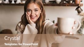  Presentation with funny - Colorful slide deck enhanced with image-of-beautiful-funny-woman backdrop and a coral colored foreground