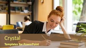  Presentation with writing notes - Audience pleasing presentation design consisting of image of beautiful happy redhead lady student sitting at the table with books in library writing notes backdrop and a tawny brown colored foreground