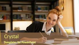  Presentation with happy-image - Amazing presentation theme having image of beautiful happy redhead lady student sitting at the table with books in library writing notes backdrop and a tawny brown colored foreground