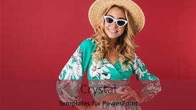  Presentation with happy image - Presentation featuring image of beautiful happy young blonde cute woman in dress posing isolated over red wall background background and a tawny brown colored foreground