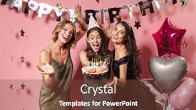  Presentation with party candles - Cool new slide deck with image of beautiful party girls in festive dresses holding birthday cake with candles isolated over pink background backdrop and a tawny brown colored foreground