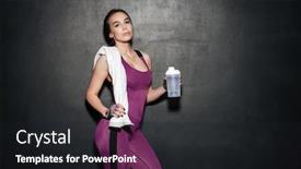  Presentation with water sports - Slide deck consisting of image of beautiful sports young lady standing and posing over black wall looking at camera while drinking water background and a dark gray colored foreground
